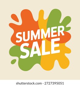 This image presents a vibrant summer sale advertisement with a splashy, colorful design, utilizing orange, green, and yellow paint splatters and bold white text for maximum impact.