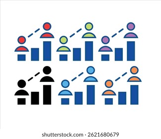 
This image presents a visual representation of dynamic demographics, showcasing stylized figures atop bar graphs. Each figure is connected to the next by a dashed line, suggesting a trend or progress