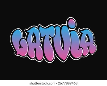 Esta Imagen presenta la palabra Letonia en un estilo vibrante de graffiti, con letras de burbuja y un degradado colorido sobre un fondo negro.