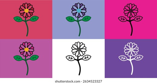 This image presents a Zinnia Flower Vector Icon Set, displayed in six unique variations, each offering a distinct color scheme and style