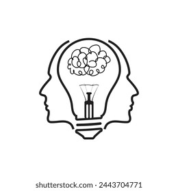 this image is a psychology related logo that depicts two heads facing opposite directions with a lightbulb shape in the middle in simple line style in black color on a white background