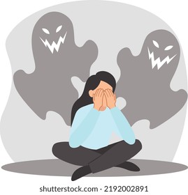 This image refers a woman is suffering from Phobia. She is scared for Phobia disease. It is a mental disease. Phobia is dangerous for mental health awareness. Woman is sitting in the floor for Phobia.