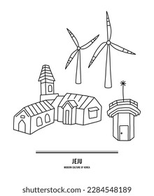 This is an image representing Jeju Island in Korea. There are many wind farms in windy Jeju Island. The other is the old Seopjikoji tourist attraction.