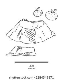 Dies ist ein Bild, das Jeju Island in Korea darstellt. Tangerine, Seongsan Ilchulbong, Hallasan und Baeknokdam.