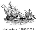 This image represents Ancient Ships of the 15th century, vintage line drawing or engraving illustration.