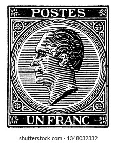 This image represents Belgium Un Franc Stamp in 1865, vintage line drawing or engraving illustration.