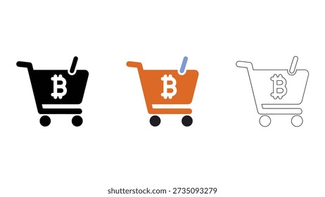 This image represents buying goods and services using Bitcoin, popular digital currency. The three shopping cart icons