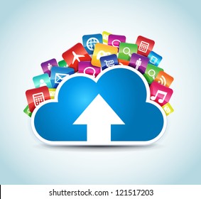 This image represents a cloud upload with apps illustration. / Cloud Apps