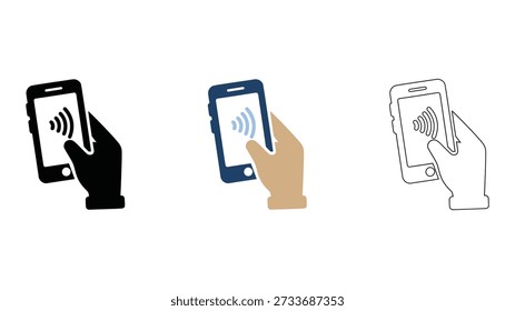 Esta Imagen representa un método de pago telefónico sin contacto que utiliza dispositivos móviles con tecnología tap-to-pay. Muestra tres ilustraciones de manos diferentes que sostienen teléfonos inteligentes con el símbolo de pago en la pantalla, demostrando una forma segura y conveniente de hacer transacciones.