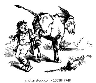 Dieses Bild stellt Donkey Kicking Child, Vintage Linie Zeichnung oder Gravitation Illustration dar.