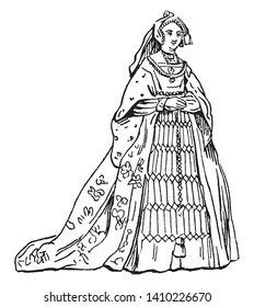 This image represents Female Costume from the Time of Henry VIII, vintage line drawing or engraving illustration.