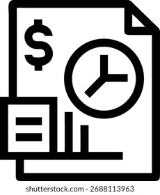 Esta imagem representa um relatório financeiro, mostrando a relação entre tempo e dinheiro. Inclui um cifrão, relógio, gráfico e outros elementos financeiros.
