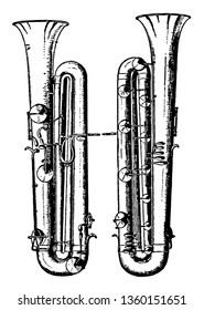 This image represents French Contrabassoon, vintage line drawing or engraving illustration.