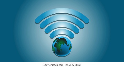 This image represents global connectivity via the Internet. The Wi-Fi symbol covering the globe represents the widespread access to the Internet and the connection of people around the world.