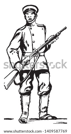 This image represents Imperial Japanese soldier, vintage line drawing or engraving illustration.