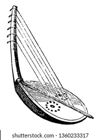 This image represents Kinnor or old fashioned harp, vintage line drawing or engraving illustration.