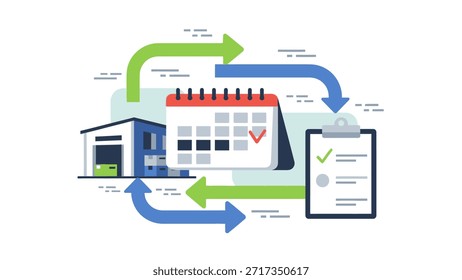 This image represents logistics and supply chain management using digital tools. It showcases a calendar, warehouse, and a mobile device with checklists, highlighting planning, organization, and