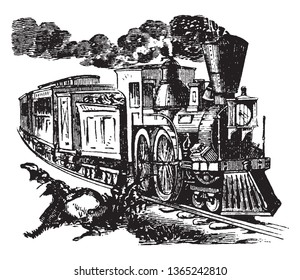 This image represents Old train producing black smoke, vintage line drawing or engraving illustration.