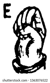 This image represents one handed Sign for E, vintage line drawing or engraving illustration.