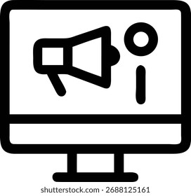 Esta imagem representa uma campanha de marketing online exibida em uma tela de computador. Possui um megafone e um ícone de informação, simbolizando publicidade e promoção digitais.