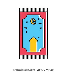 This image represents a prayer rug (sajadah) with an Islamic design, featuring a mosque dome, a crescent moon, and stars