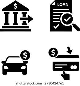 This image represents the process of applying for a car loan online through a bank. It includes icons for a bank, loan application, car purchase, and online payment, symbolizing the steps involved in securing a loan for a vehicle.