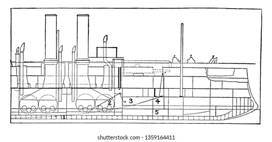Dieses Bild zeigt die Position von Bow und Keel des Maine, die Zeichnung von Vintage-Linien oder Gravierungsgrafik.