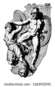 This image represents Siris Bronze Armor with Greek Warrior and Amazon, vintage line drawing or engraving illustration.