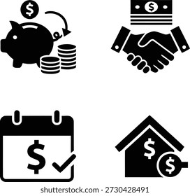 Esta Imagen representa varios aspectos de las transacciones e inversiones financieras a través de íconos simples. La hucha con monedas y un signo de dólar indica que se ahorra dinero. El apretón de manos con un signo de dólar en él significa un Acuerdo financiero o un acuerdo. El calendario con un signo de dólar y una marca de verificación sugiere una transacción o pago financiero programado. La casa con signos de dólar representa la inversión en bienes raíces.