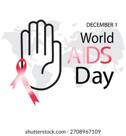 Esta imagem representa o Dia Mundial de Luta contra a Aids celebrado em 1º de dezembro com uma fita vermelha e uma mão simbolizando apoio e conscientização para a prevenção e o cuidado com o HIV.
