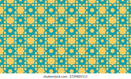 Dieses Bild zeigt ein lebendiges, nahtloses Schachbrettmuster, das sich zwischen satten Teal- und warmen Goldquadraten abwechselt und ein fröhliches geometrisches Raster in sich wiederholenden Kacheln für eine lebendige Retro-Attraktivität erzeugt.