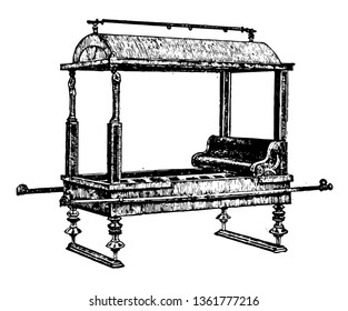 This is the image of a Roman berth. The litter consists of an ordinary sofa with four poles and a pair of poles, vintage line drawing or engraving illustration.