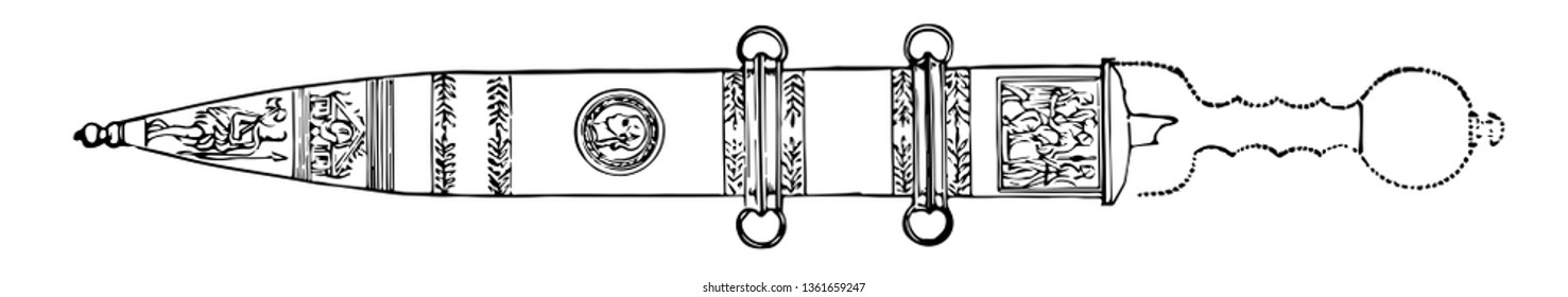 This is the image of Roman Sword. There is a design on the surface of Roman Sword. It is decorated with carvings, vintage line drawing or engraving illustration.