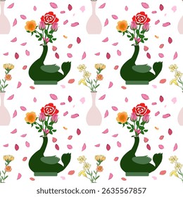 This image is a seamless floral pattern featuring whimsical flower arrangements. The primary motif is a dark green vase shaped like a stylized swan or bird, filled with blooming red roses, pink buds, 