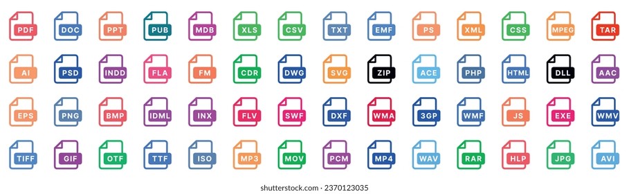 This image is a set of 56 color icons related to different file types and multimedia formats in a flat style.