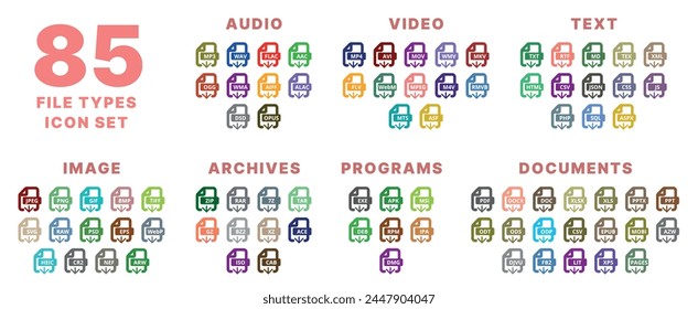 This image is a set of 85 icons related to different file types and multimedia formats in a flat style. Audio, Video, Text, Image, Archives, Programs, Documents.