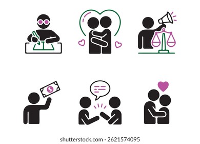 This image set features a collection of minimalist icons representing various human interactions and societal concepts.