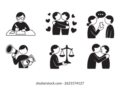 This image set features a collection of simple, black and white icons illustrating various social interactions.