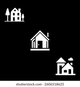 This image set features three stylized, black silhouette illustrations of various homes, suitable for use in real estate, design, or architectural contexts