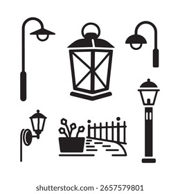 Este conjunto de imagens apresenta vários luminárias ao ar livre, incluindo lâmpadas montadas na parede, lâmpadas pós-montadas e lâmpadas suspensas.