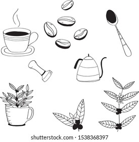 This image show coffee plants, beans , cup , coffee mug and tools