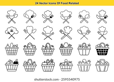 This image showcases 24 meticulously designed vector icons related to food. The collection includes charming illustrations of chef hats, forks, spoons, and knives, all elegantly arranged.