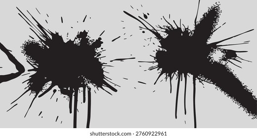 This image showcases an abstract composition of ink splatters and splashes. The bold, black shapes are presented in a striking silhouette style, creating a dynamic and visually arresting effect.