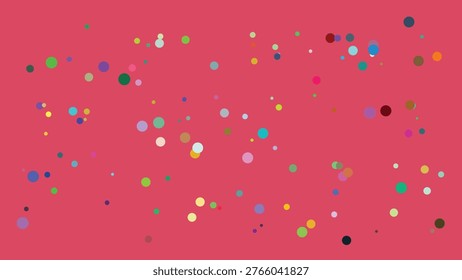 This image showcases an abstract composition of numerous multicolored dots scattered randomly across a solid red backdrop. The dots vary in size and hue, creating a lively and dynamic visual effect.