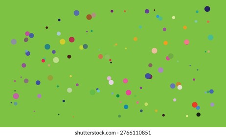 This image showcases an abstract composition featuring a bright green backdrop densely populated with multicolored circular dots of varying sizes and hues, creating a lively and dynamic visual effect.