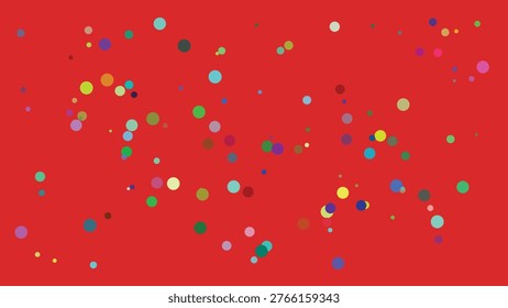 This image showcases an abstract design featuring numerous multicolored circular dots scattered across a solid red backdrop. The dots vary in size and hue, creating a lively and dynamic visual effect.