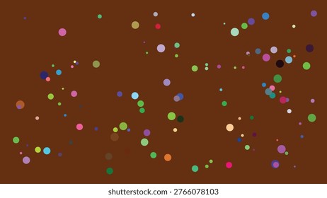 This image showcases an abstract digital composition with numerous multicolored dots scattered across a rich brown backdrop. The dots vary in size and hue, creating a lively and dynamic visual effect.