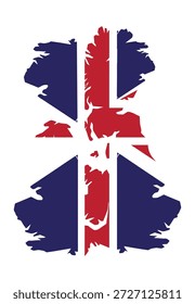 Esta Imagen muestra una interpretación abstracta y angustiada de la icónica bandera de Union Jack. Los colores tradicionales rojo, azul y blanco están presentes, pero en lugar de líneas nítidas, los Elementos de la bandera se representan con una textura rugosa, pincelada o salpicada, dándole una sensación dinámica y artística. El fondo blanco enfatiza la silueta única de la bandera. Este diseño evoca un sentido de patriotismo moderno y expresión artística, perfecto para el Diseño gráfico o los medios digitales.