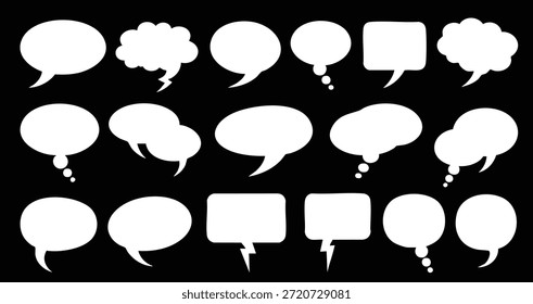 Esta Imagen muestra una variedad de palabras blancas y burbujas de pensamiento sobre un fondo negro, representando el diálogo, la comunicación y la expresión de ideas o pensamientos visualmente. profesional de alta calidad detallado