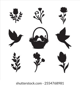 This image showcases beautiful black silhouettes of nature with florals, birds, and basket,the design exudes simplicity and seasonal elegance.